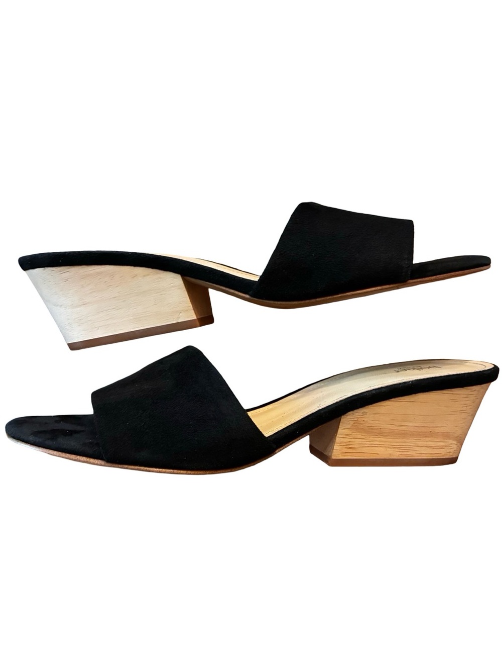 BOTKIER Carlie Black Suede Slide Mules with Wood Block Heel, Size 10.